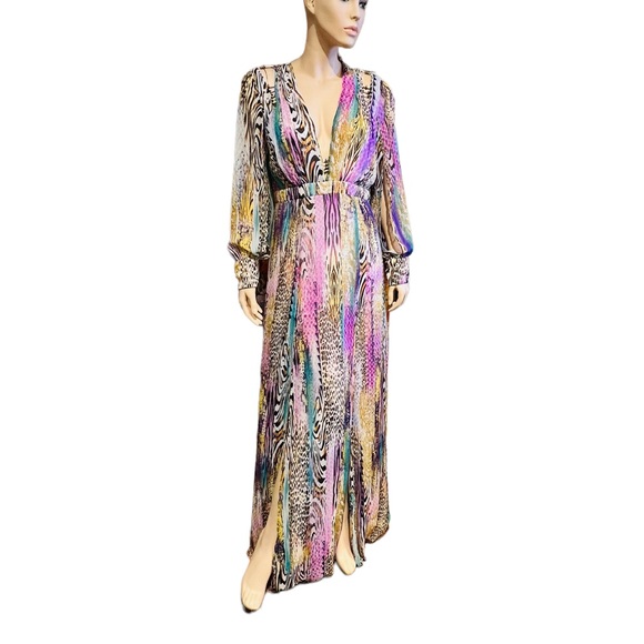 LUXXEL Bohemian Maxi Dress Animal Print Size M Long Sleeves V Neck 100% poly - Picture 9 of 16